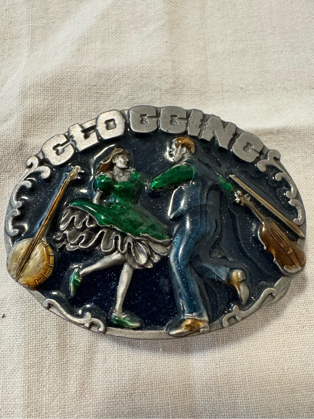 Vintage 1987 Siskiyou Clogging Belt Buckle T-30 Enamel Banjo Fiddle Dance USA